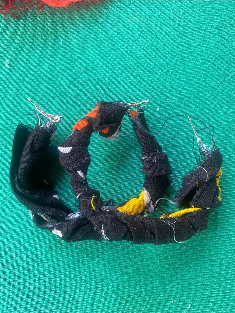 Handmade Black Fabric Wrapped Hoop Earrings with Yellow & White Accents